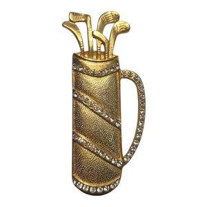 Gold tone Gold Bag with Clubs Brooch Pin with Diamonds